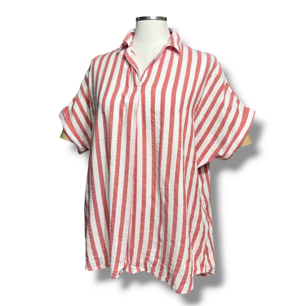 DA-SH Red & White Striped Cotton Blend Cap Sleeve Top Button Down Back Detail